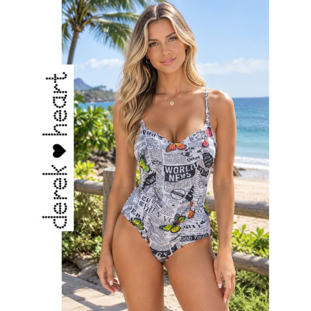 NWOT - Derek Heart Mesh and Ruched Newspaper Butterfly Bodysuit